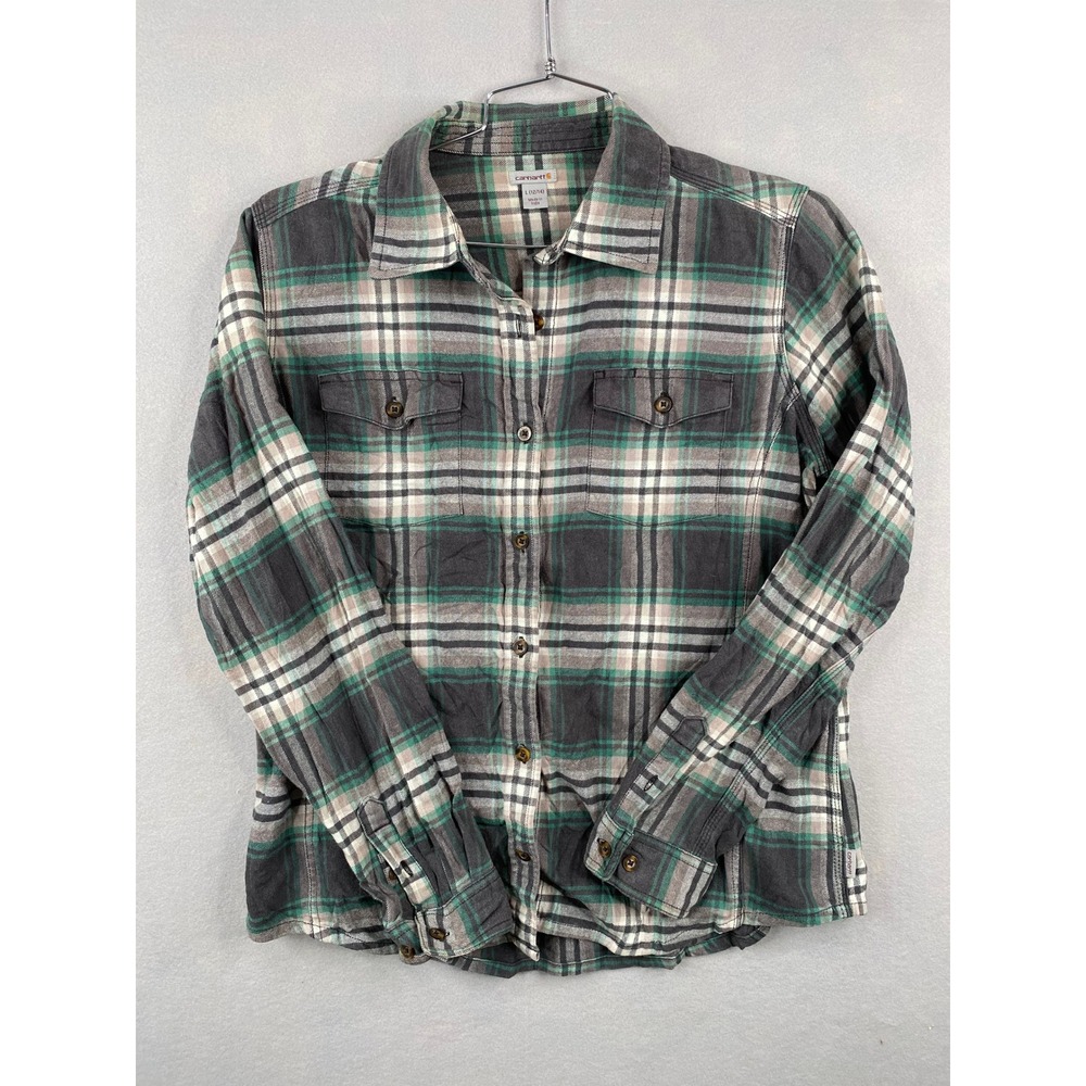 Carhartt Flannel Shirt Womens Large Green Grey Plaid Button Down Long Sleeve L